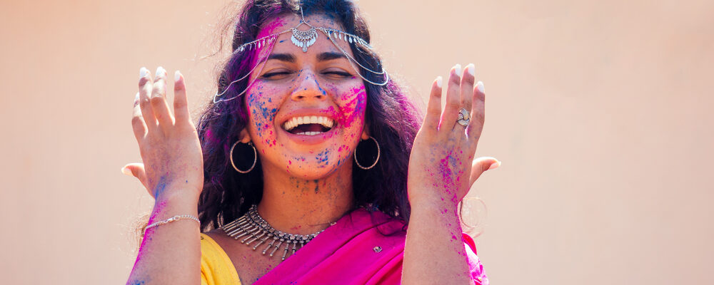 Holi,Festival,Of,Colours.,Portrait,Of,Happy,Indian,Girl,In